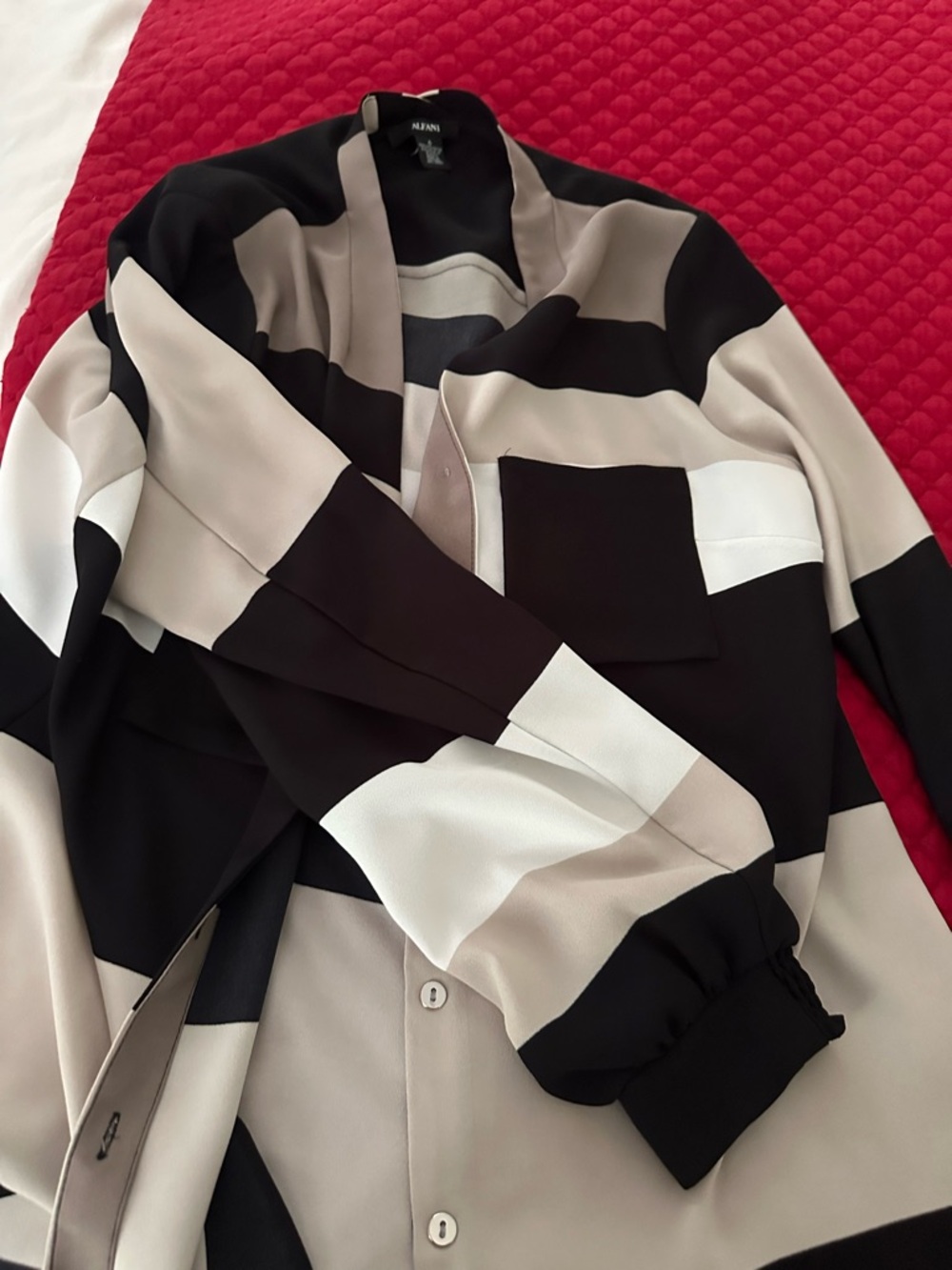 Alfani Women's Black & Beige & White Striped Open-Front blouse